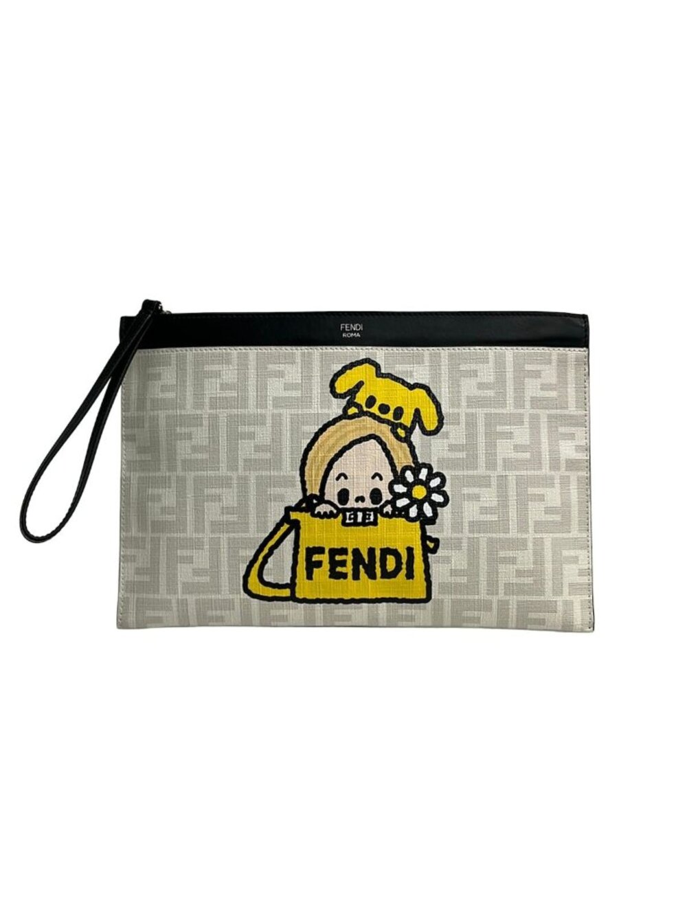 Fendi Clutch Zucca Pattern Ivory Black Multi Taro Out Leather